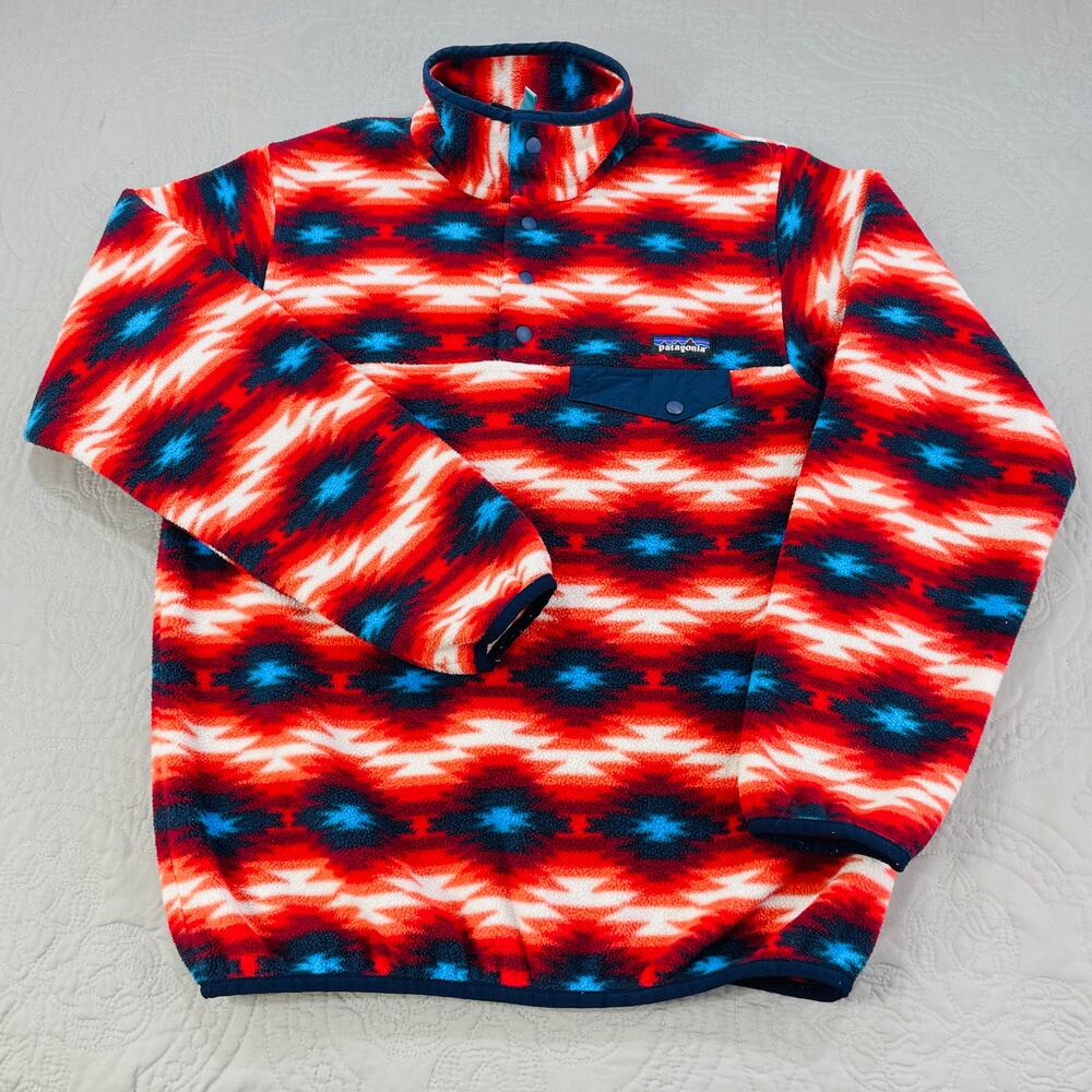 Patagonia Synchilla Sweater Womens Medium Red‎ Aztec Navajo Henley Snap T 25455